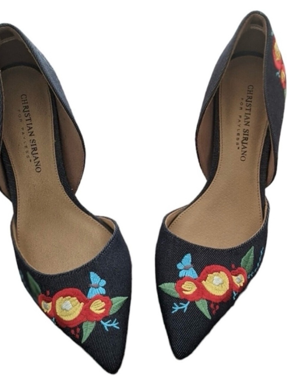 Christian Siriano Black Pointed Toe heels with Multicolor Floral Embroidery
